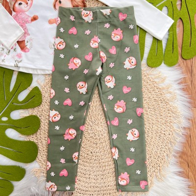 Conj. Blusa Manga Longa Leoa com Raposinha e Calça Legging - Off White e Verde